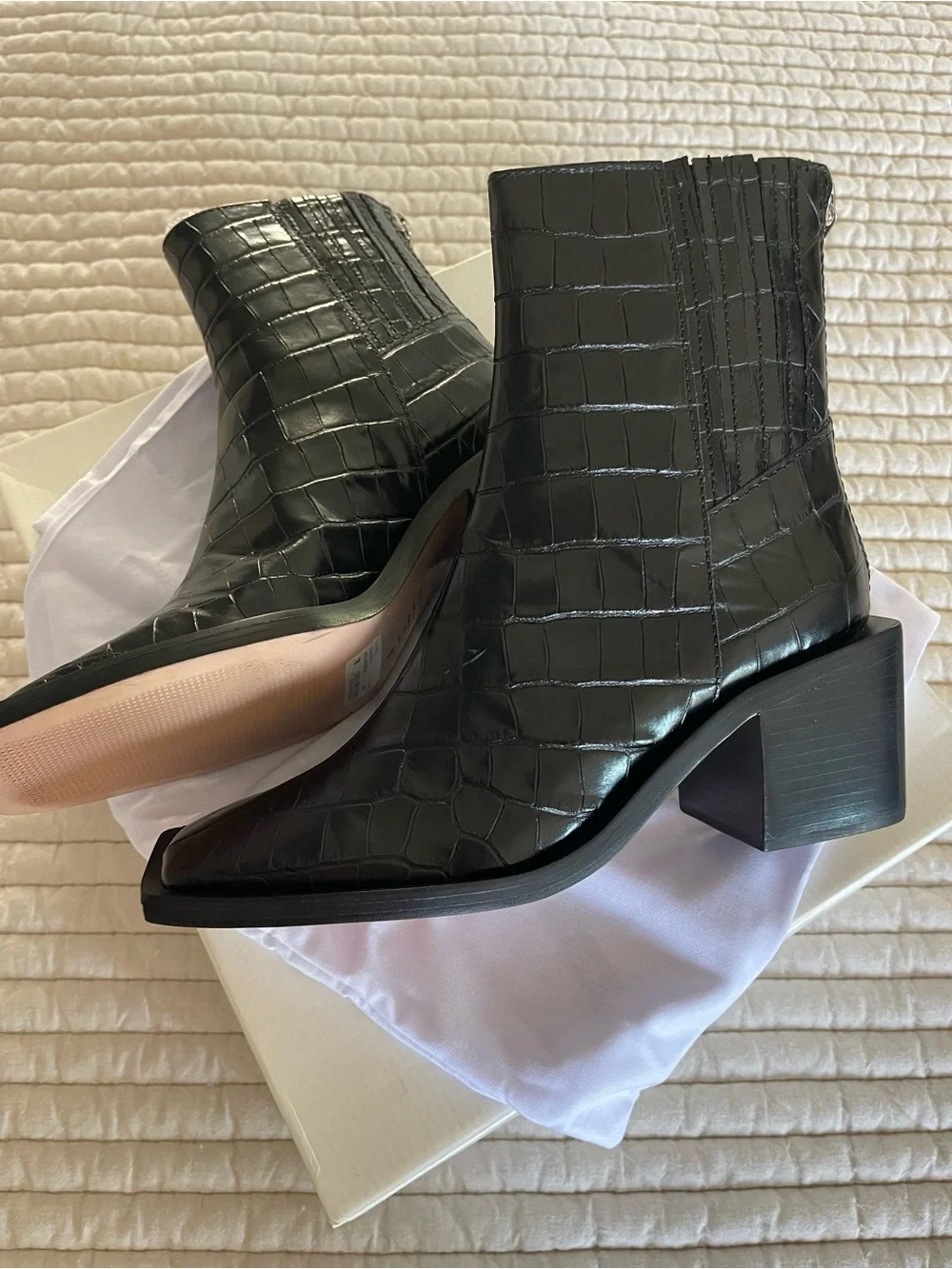 SCHUTZ Black Croc-Embossed Pointed Toe Ankle Boots